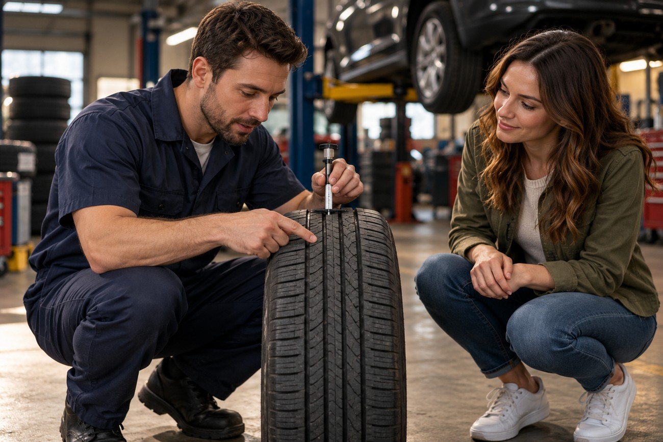 A mechanic uses a depth gauge to check winter tire siping and tread depth while explaining it to a female customer in a service garage