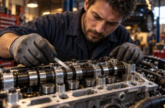 A focused mechanic wearing gloves uses a feeler gauge to check valve clearance on a car engine cylinder head
