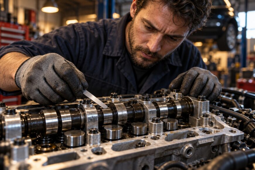 A focused mechanic wearing gloves uses a feeler gauge to check valve clearance on a car engine cylinder head