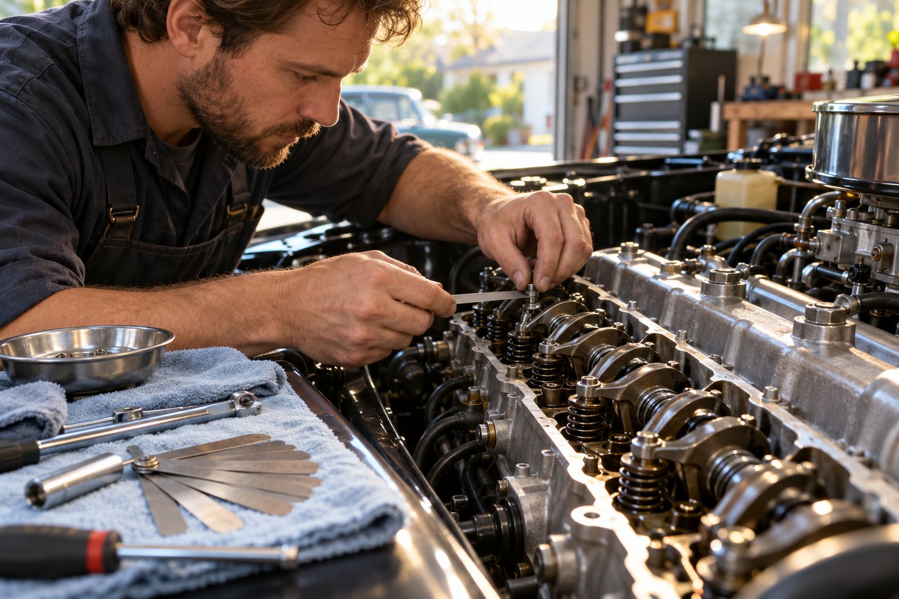A focused mechanic using a feeler gauge to measure and adjust valve clearance on a car engine cylinder head