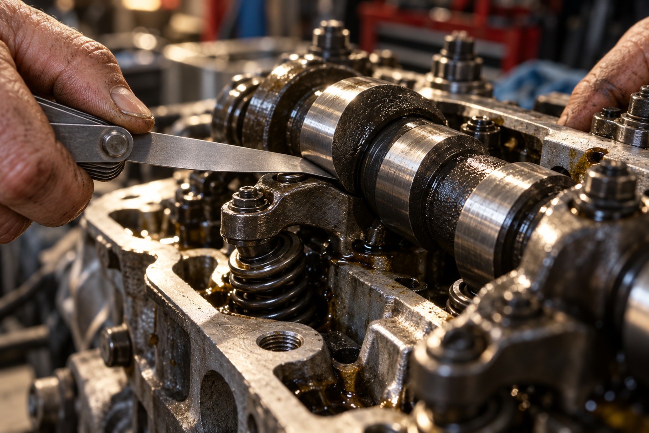 A mechanic using a feeler gauge to check valve clearance on an engine cylinder head