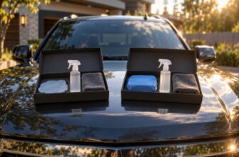 Two black boxes with detailing clay bars, spray bottles of lubricant, and microfiber towels placed on a black car hood