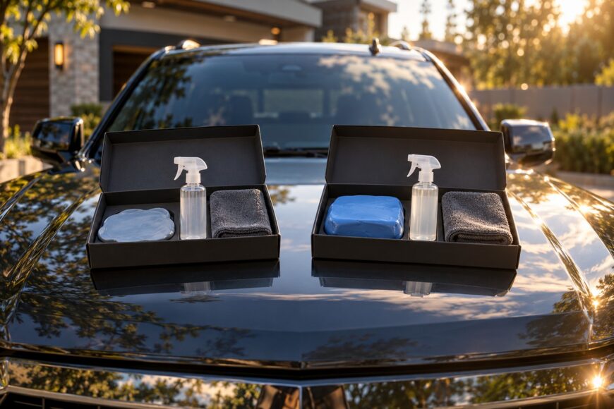 Two black boxes with detailing clay bars, spray bottles of lubricant, and microfiber towels placed on a black car hood