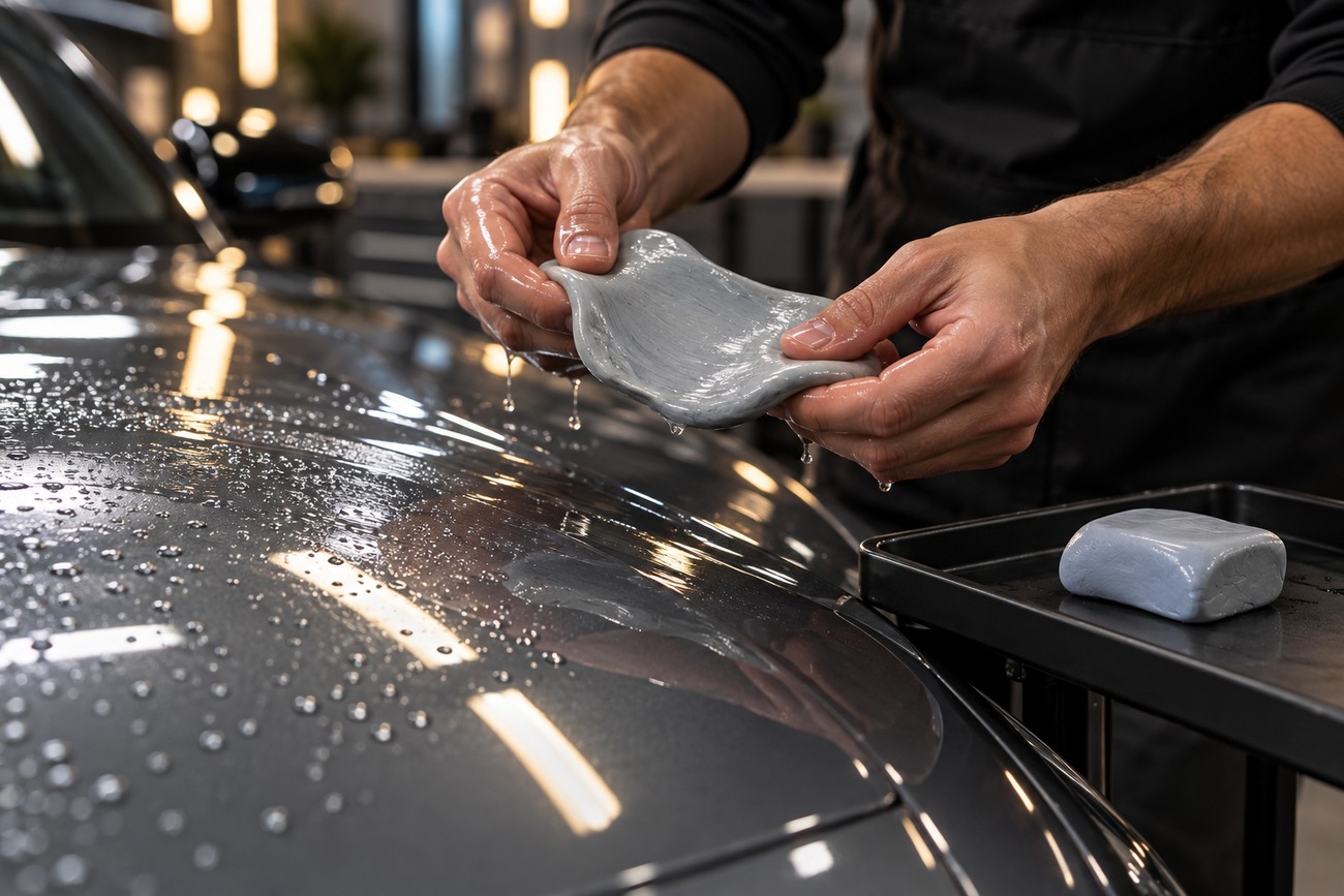 A detailer holding a grey clay bar over the wet hood of a grey car in a garage