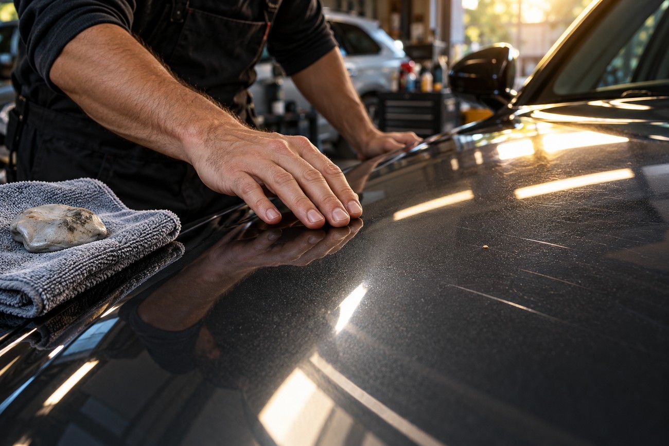 A professional detailer checking the surface of a dark car hood next to a clay bar on a microfiber towel