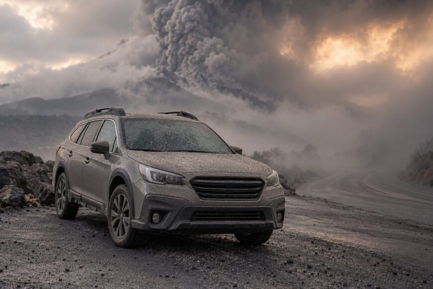 A grey Subaru Outback covered in volcanic ash parked on a dusty road near an erupting volcano