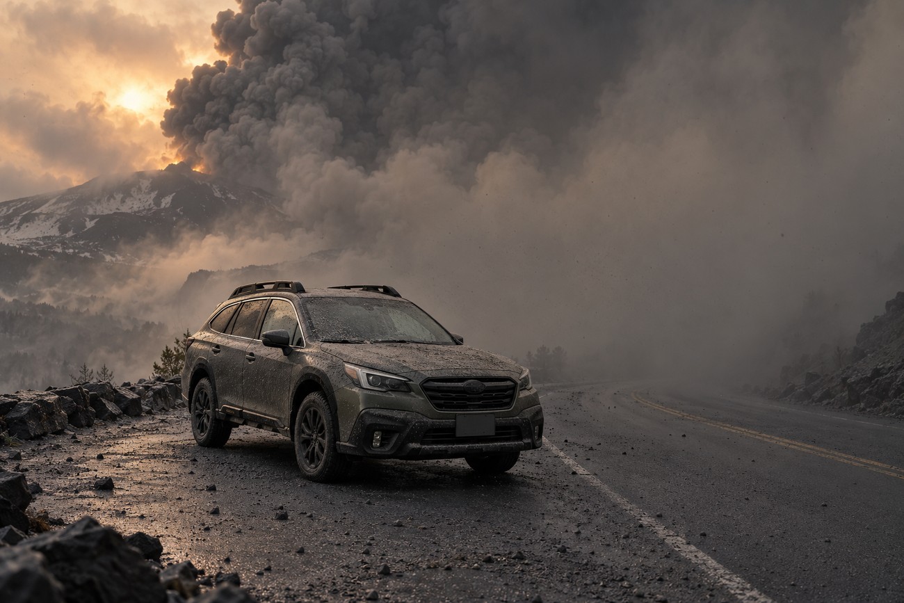 A green Subaru Outback parked on a dark mountainous road near a massive erupting volcano filling the sky with thick ash clouds