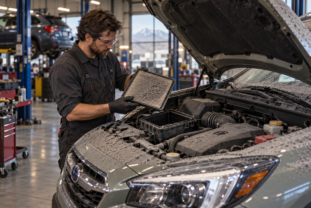 Mechanic wearing protective glasses and gloves holding a dirty air filter clogged with volcanic ash from a Subaru Outback engine