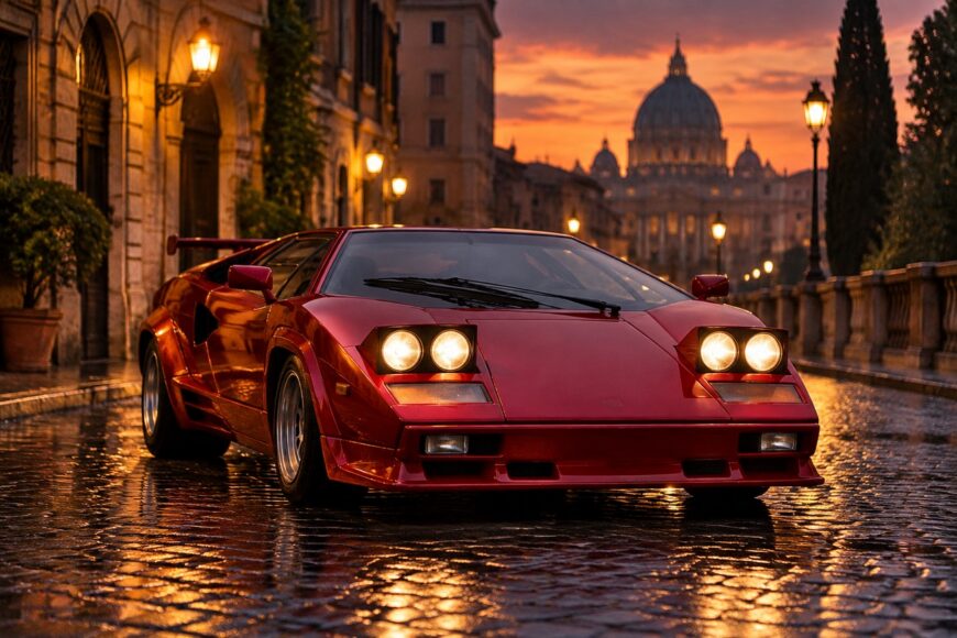 Red Cizeta V16T supercar parked on a wet cobblestone street in Rome during sunset with illuminated headlights