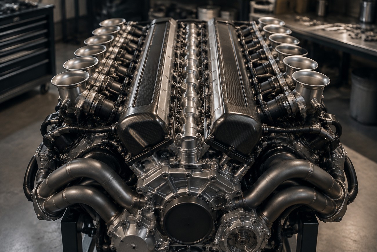 Close-up of the complex transverse V16 engine with multiple intake trumpets displayed in a workshop