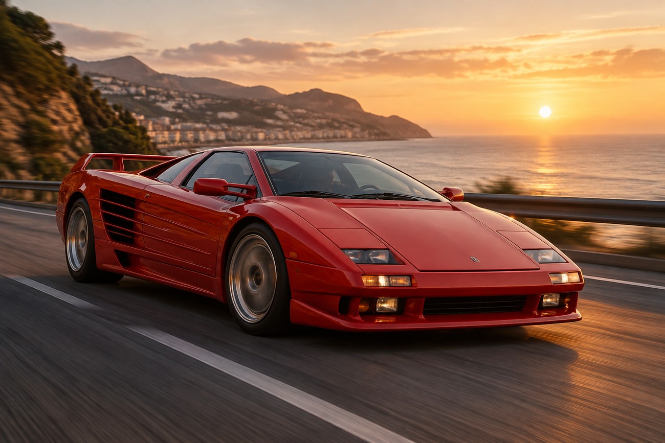 Red Cizeta V16T supercar driving on a coastal road during a scenic sunset