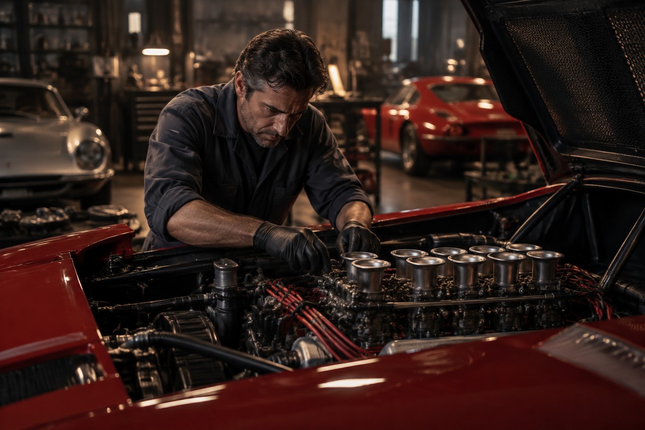 A focused mechanic wearing gloves works on the complex transverse V16 engine inside a red Cizeta V16T supercar in a garage