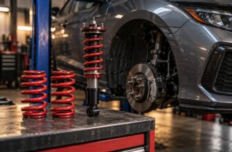 A complete coilover assembly and two red lowering springs resting on a workbench in a car repair shop with a vehicle on a lift in the background