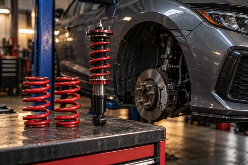 A complete coilover assembly and two red lowering springs resting on a workbench in a car repair shop with a vehicle on a lift in the background