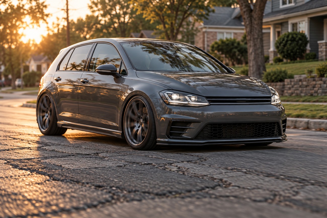 A lowered gray hatchback car driving on a residential street during golden hour with motion blur on the wheels