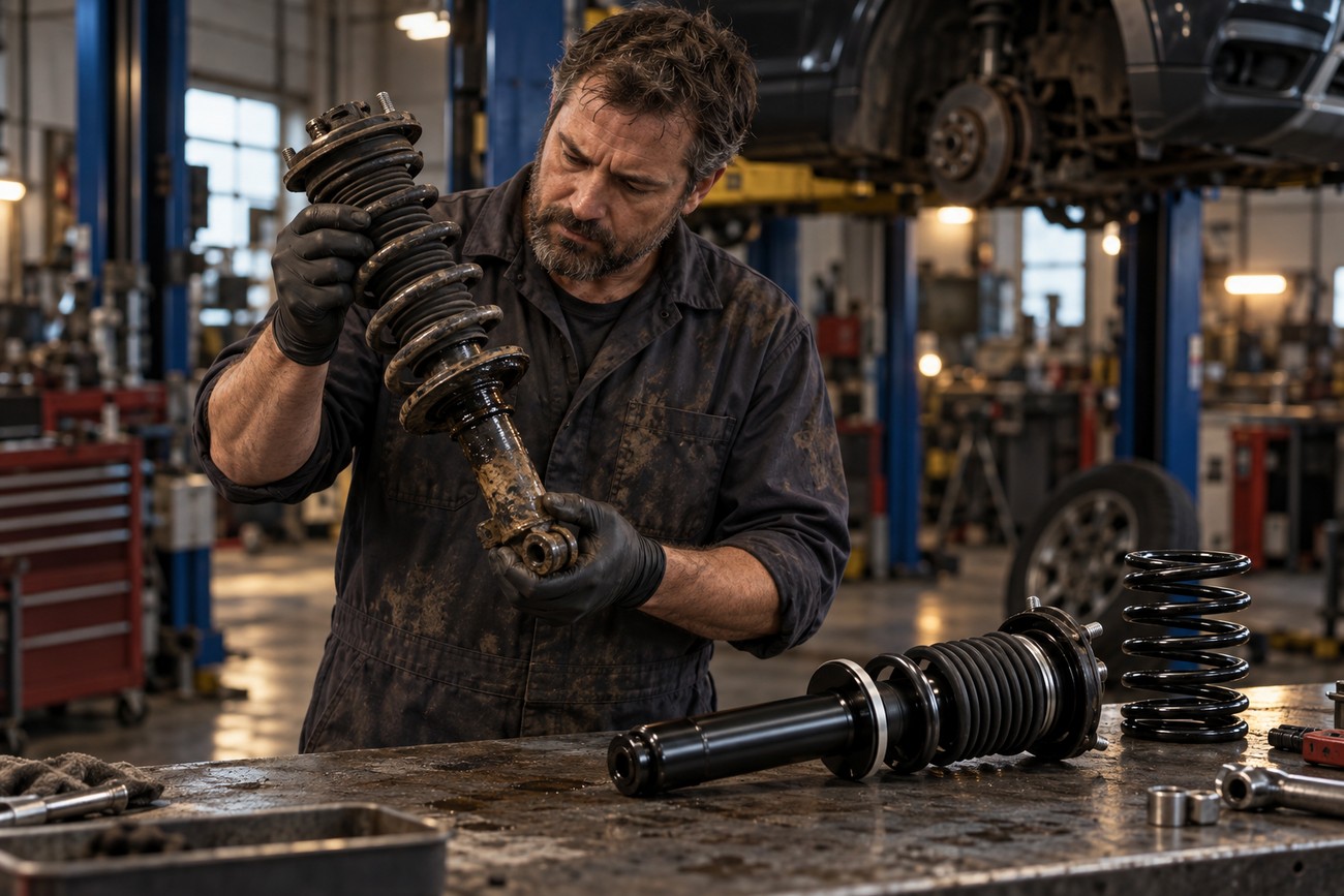 A mechanic wearing gloves examines a car coilover suspension strut in a busy auto repair shop