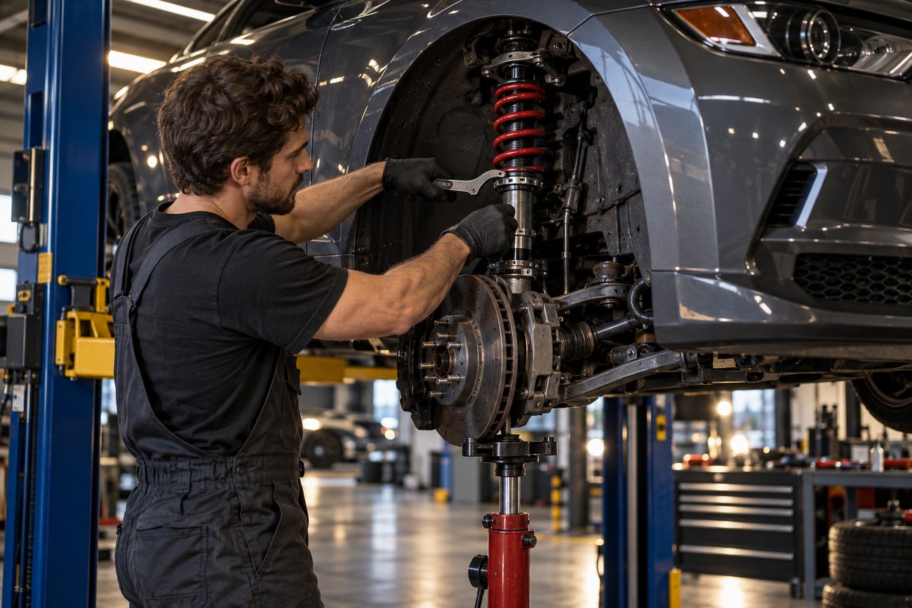 A mechanic wearing gloves adjusts the coilover suspension on a modern car raised on a hydraulic lift in a garage