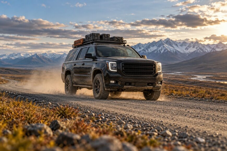 A black GMC Yukon SUV with a roof rack driving on a dusty gravel road through a vast Alaskan landscape with distant snow-capped mountains