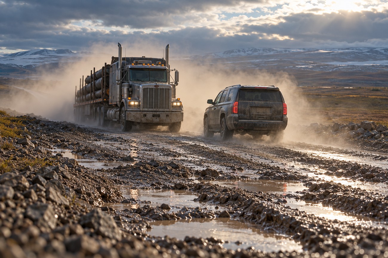 A GMC Yukon SUV driving on a muddy and dusty Dalton Highway in Alaska next to a large semi-truck