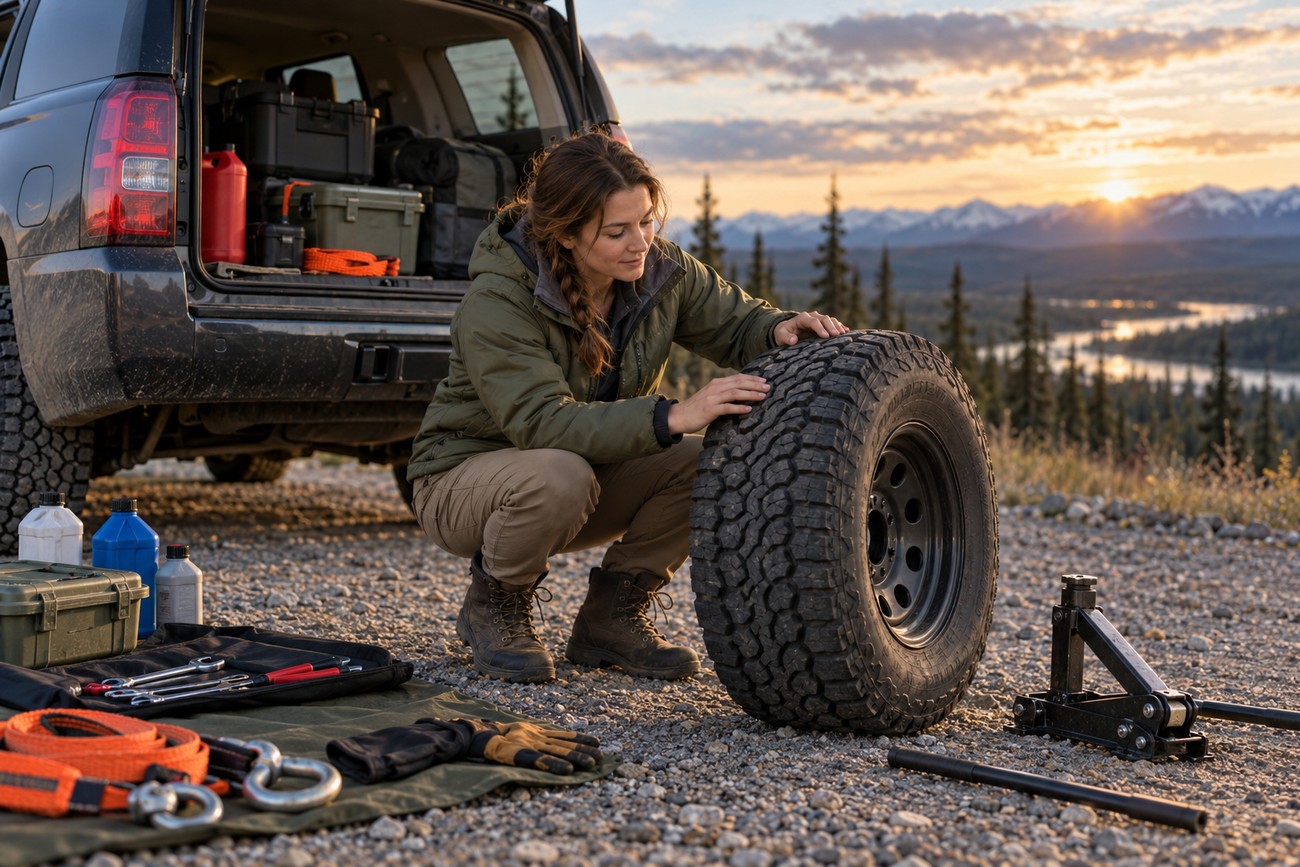 A woman in outdoor gear crouching and inspecting a heavy-duty tire next to a GMC Yukon SUV in Alaska