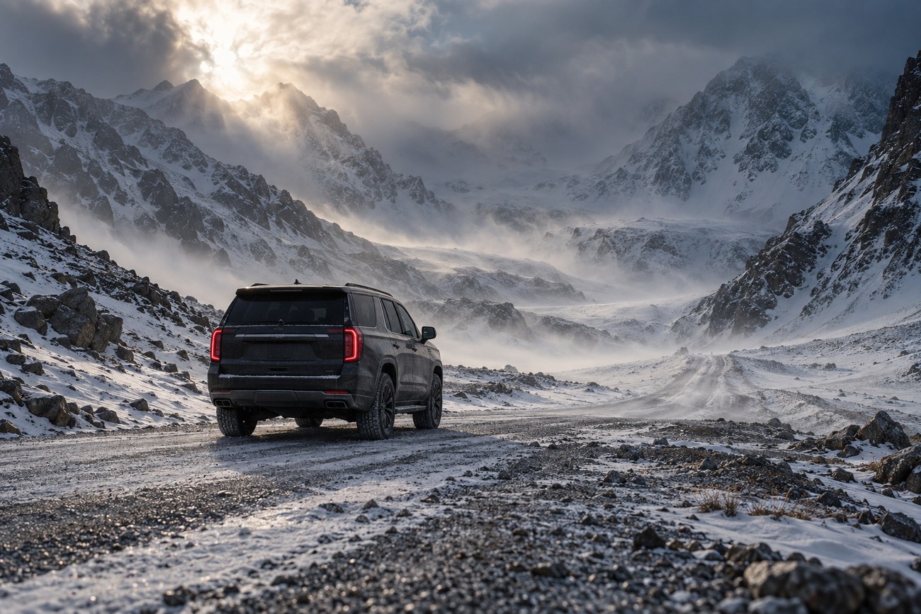 A dark GMC Yukon SUV parked on a snowy gravel road surrounded by majestic snow-covered mountains in Alaska