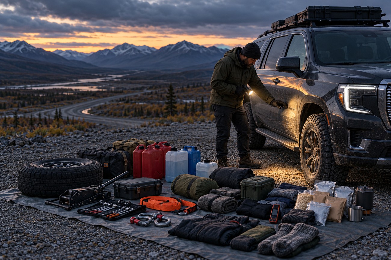 A traveler with a flashlight inspects a GMC Yukon SUV parked on a gravel overlook with expedition gear and supplies laid out against an Alaskan mountain landscape