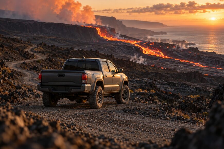 A gray Toyota Tacoma pickup truck parked on a rocky volcanic trail with an active lava flow and ocean sunset in the background