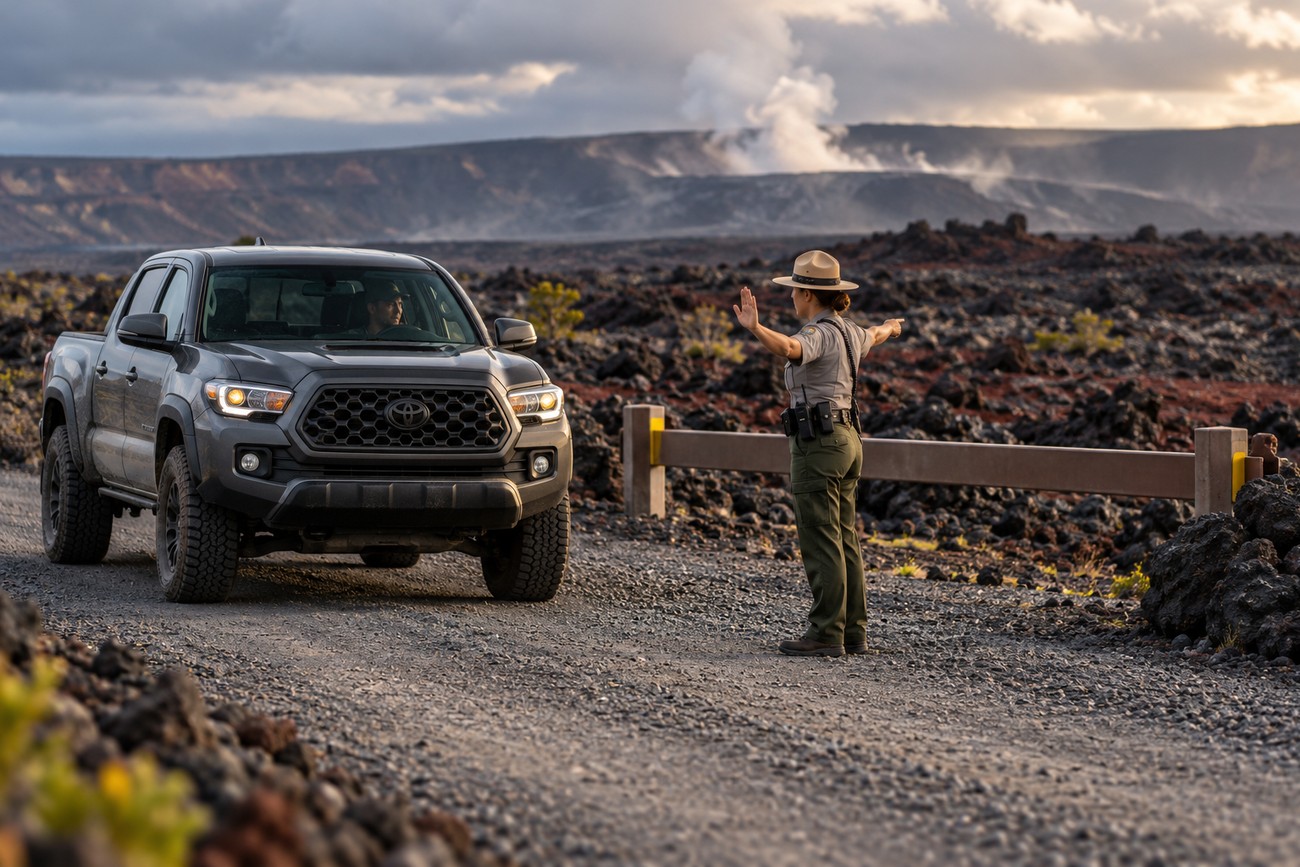 A park ranger in uniform directs traffic, gesturing at a gray Toyota Tacoma stopped on a gravel road near a rocky volcanic landscape with steaming lava in the background