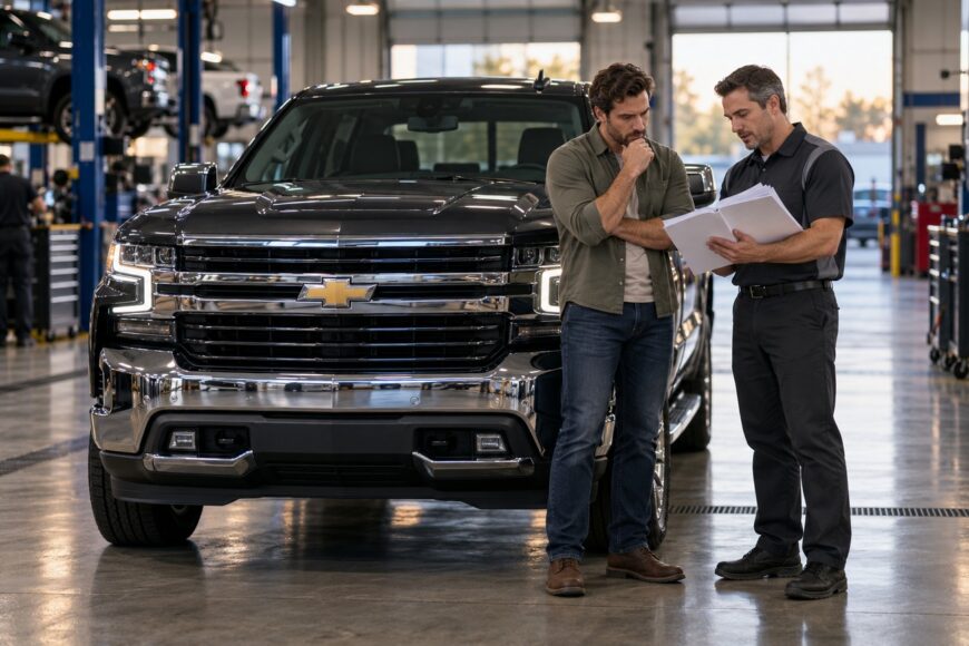 A concerned truck owner and a mechanic reviewing repair documents standing in front of a Chevy Silverado in a service center