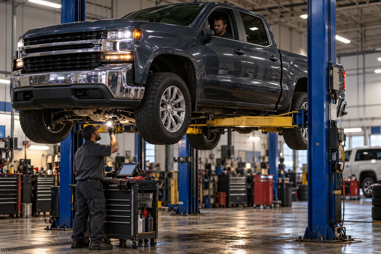 A mechanic inspecting the undercarriage of a gray Chevy Silverado lifted on a hydraulic hoist in a service center