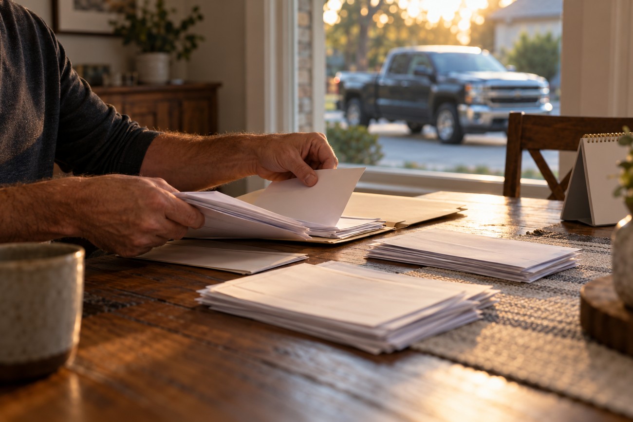 A man sitting at a wooden table sorting through stacks of papers and lemon law claim documents for a Chevy Silverado parked outside
