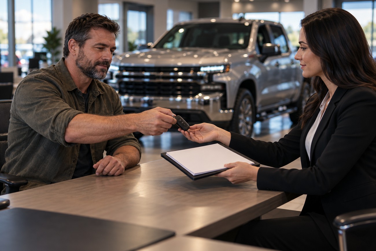 Male customer handing keys to a female representative across a desk in a car dealership with a silver pickup truck in the background