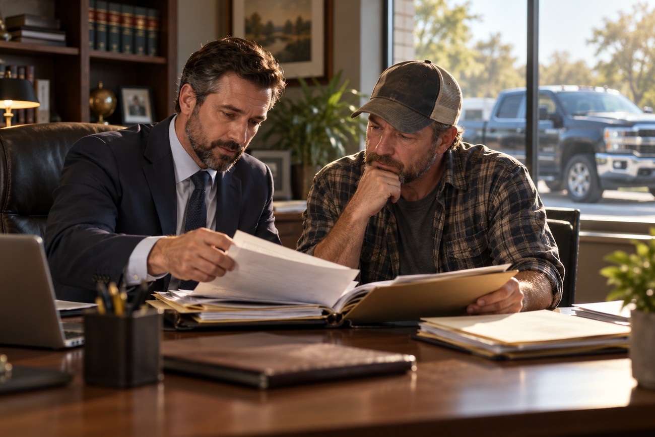 A lawyer in a suit and a truck owner reviewing documents at an office desk with a Chevy Silverado visible through the window
