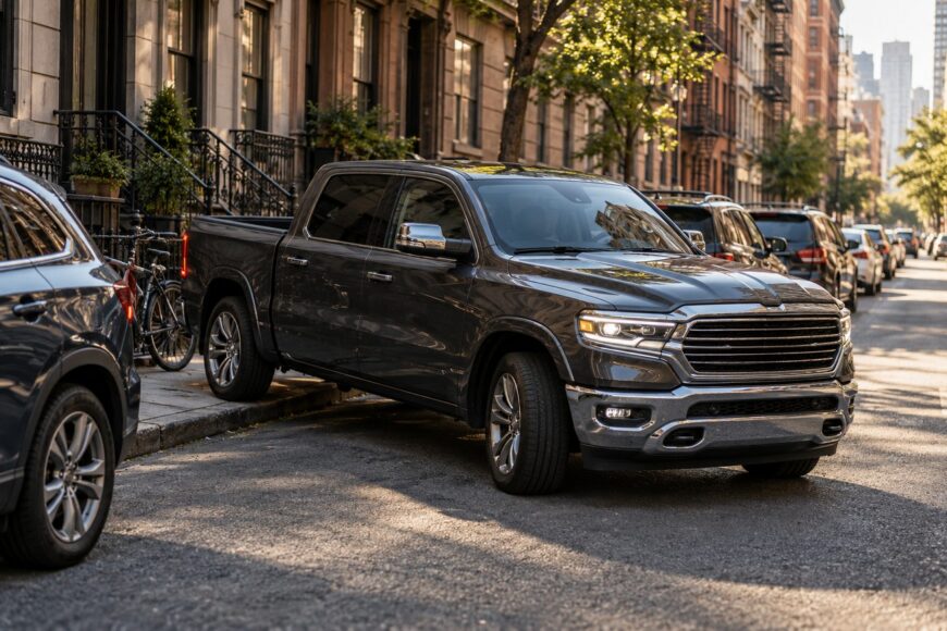 A dark gray Ram 1500 pickup truck parallel parked tightly on a Manhattan street next to historic brownstones