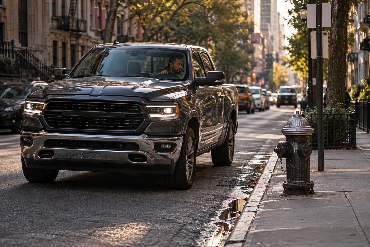 Driver maneuvering a large dark Ram 1500 pickup truck into a tight parallel parking spot on a Manhattan street
