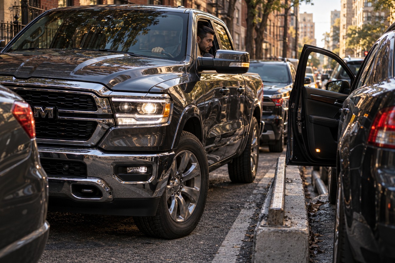 A driver focused on parallel parking a large black Ram 1500 truck on a tight Manhattan street