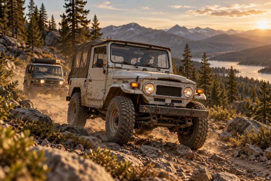 Classic beige Toyota FJ40 Land Cruiser driving on a rocky mountain trail during sunset with another off-road vehicle behind it