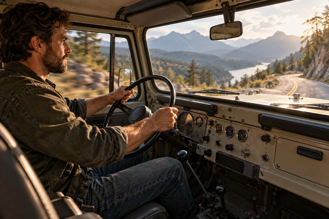 A bearded man driving a classic Toyota FJ40 Land Cruiser along a scenic winding mountain road at sunset