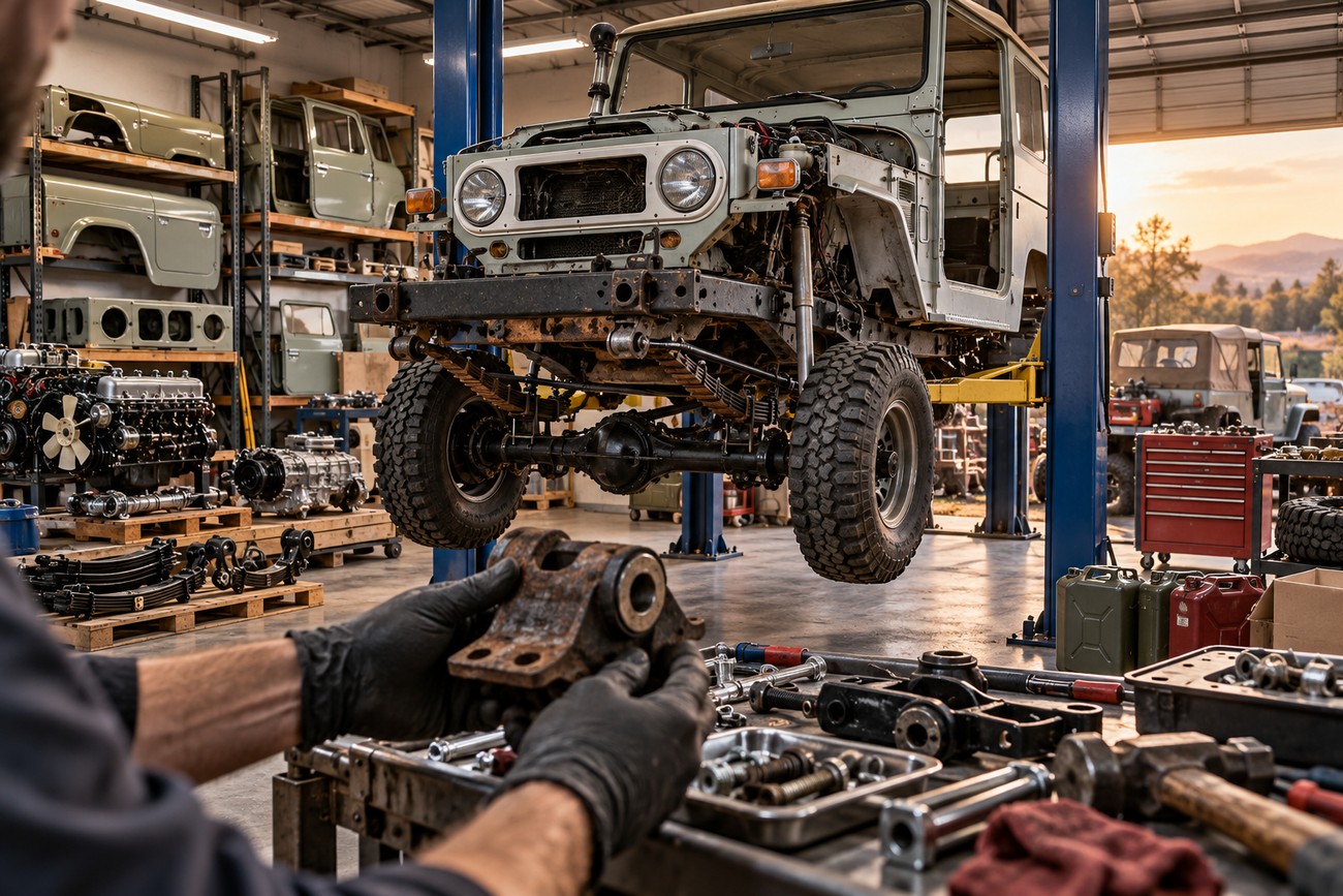Mechanic wearing gloves holding a rusted metal part at a workbench with tools while a classic Toyota FJ40 Land Cruiser is lifted in the background of an auto repair shop