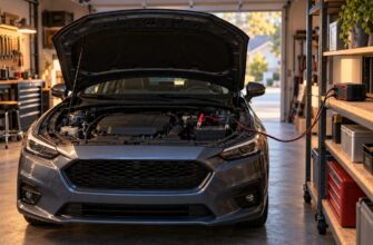 A dark sedan parked in a garage with its hood open while connected to a battery tender on a wooden shelf