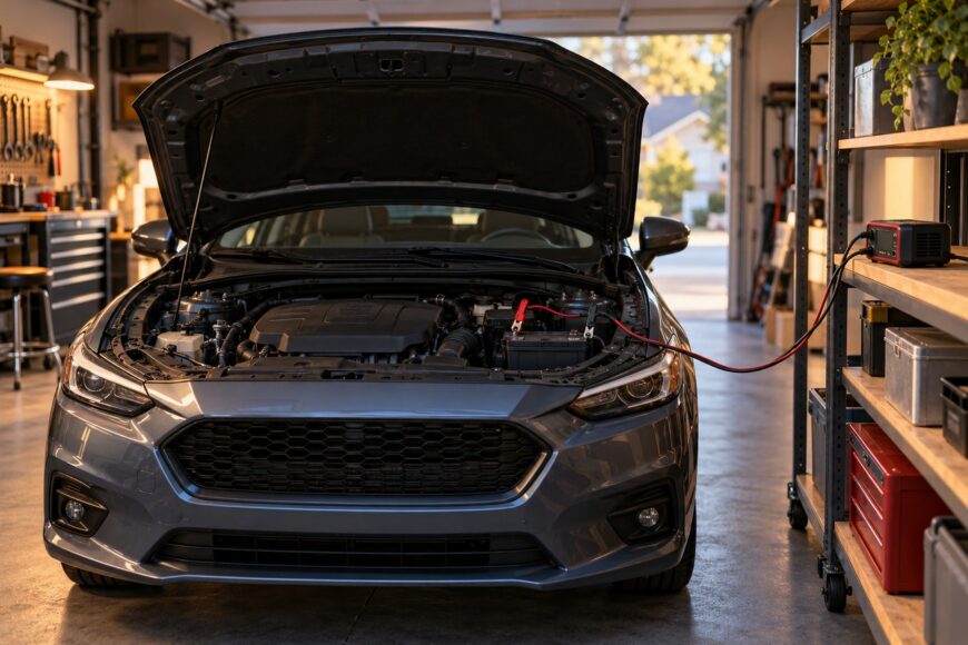 A dark sedan parked in a garage with its hood open while connected to a battery tender on a wooden shelf