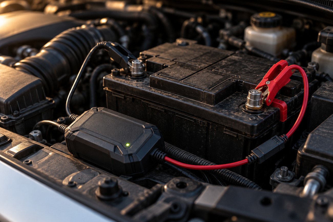 A modern battery tender unit connected with red and black jumper cables to a car battery under the engine hood