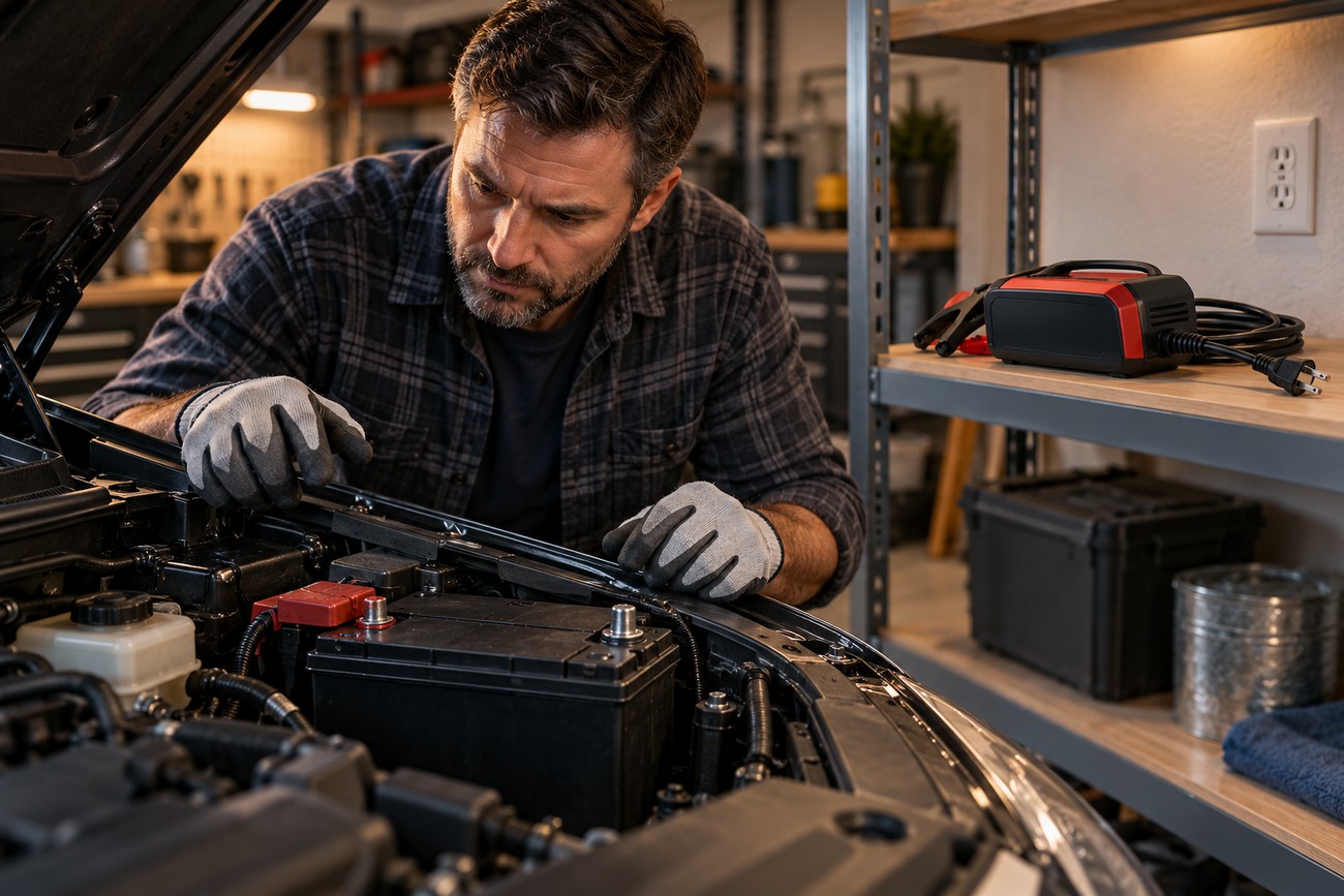 A man in a plaid shirt and work gloves inspects the car battery under the open hood in a garage