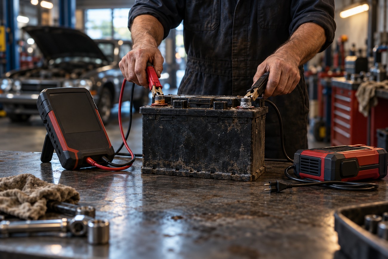 Mechanic in coveralls connecting jumper cables and a battery tender to a car battery on a workbench in a garage