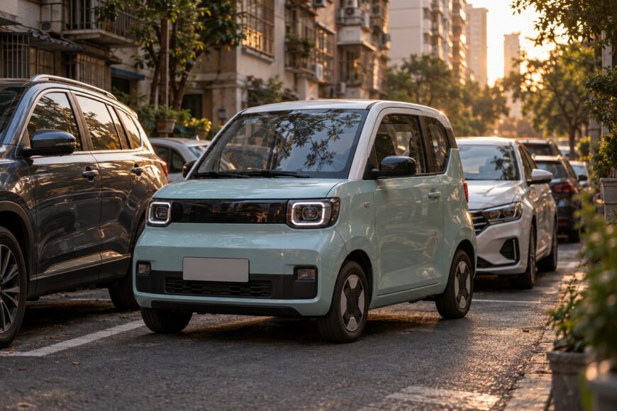 Light blue and white Wuling Mini EV parked on a city street between other cars at sunset