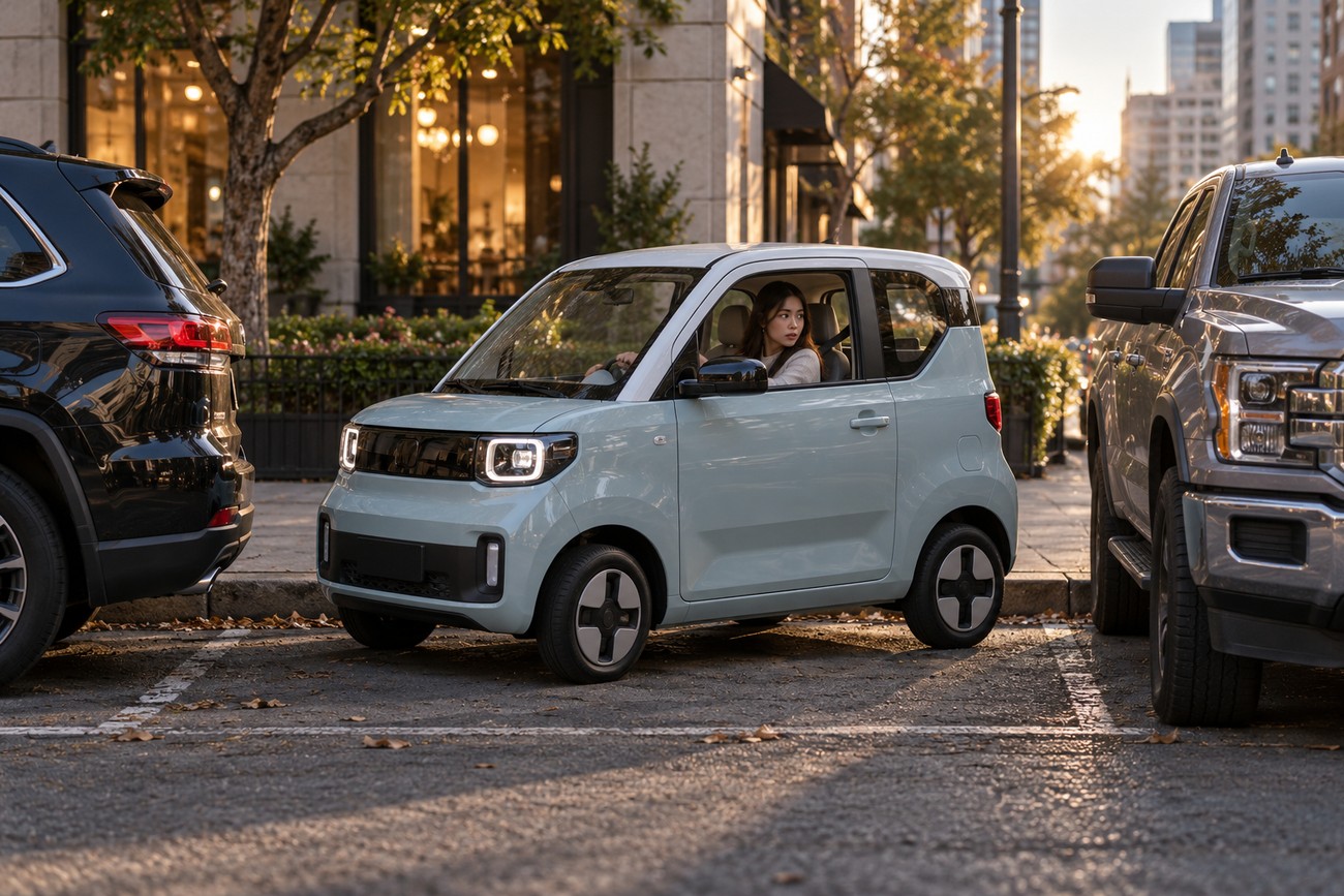 A compact light-blue Wuling Mini EV parked on a city street between a large SUV and a pickup truck with a woman inside