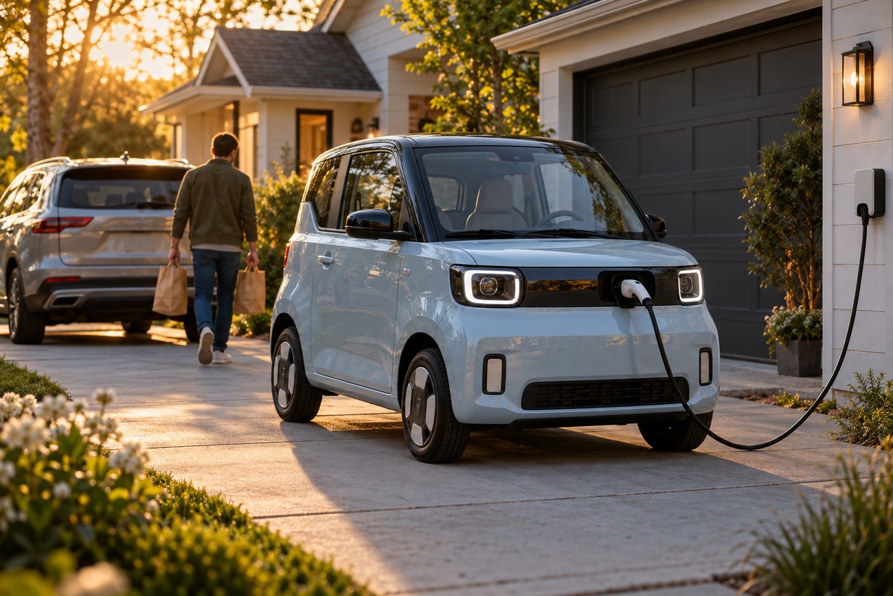 Light blue Wuling Mini EV plugged into a home wall charger parked in a residential driveway during sunset