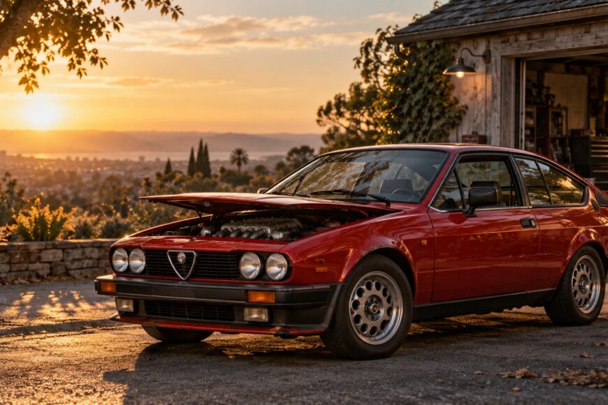 Red classic Alfa Romeo GTV6 coupe parked on a paved driveway with the hood open at sunset