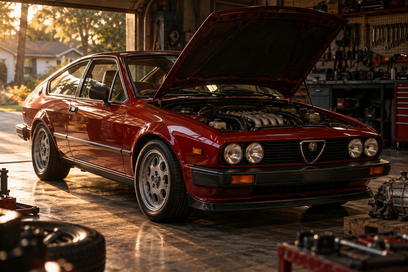 Classic red Alfa Romeo GTV6 coupe with its hood open revealing the V6 engine inside a garage