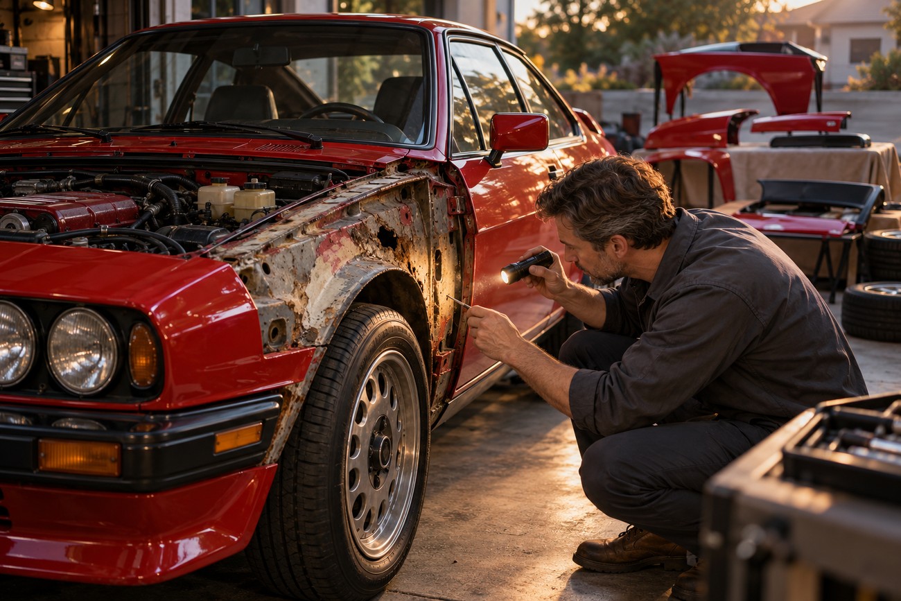 A mechanic kneeling beside a classic red Alfa Romeo GTV6 inspecting rust on the front fender with a flashlight in a garage